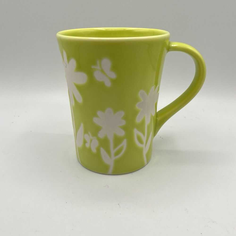 STARBUCKS Collectible 2007 Coffee Mug Spring Bright Green Glaze w/Flowers! 12 oz